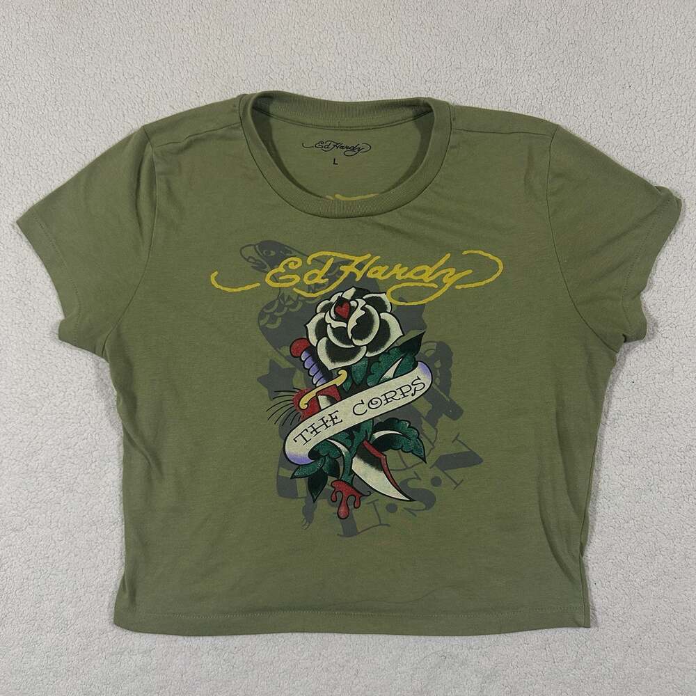 Ed Hardy The Corps Tattoo Graphic Olive Green T-Shirt Size L
